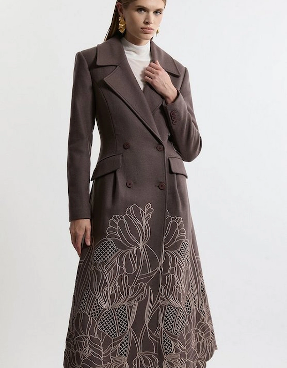 Lydia Millen Wool Blend Floral Cutwork Flared Skirt Midaxi Coat