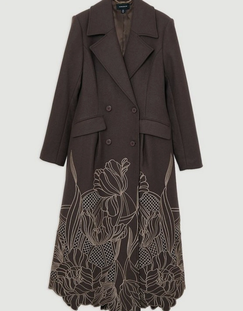 Lydia Millen Wool Blend Floral Cutwork Flared Skirt Midaxi Coat