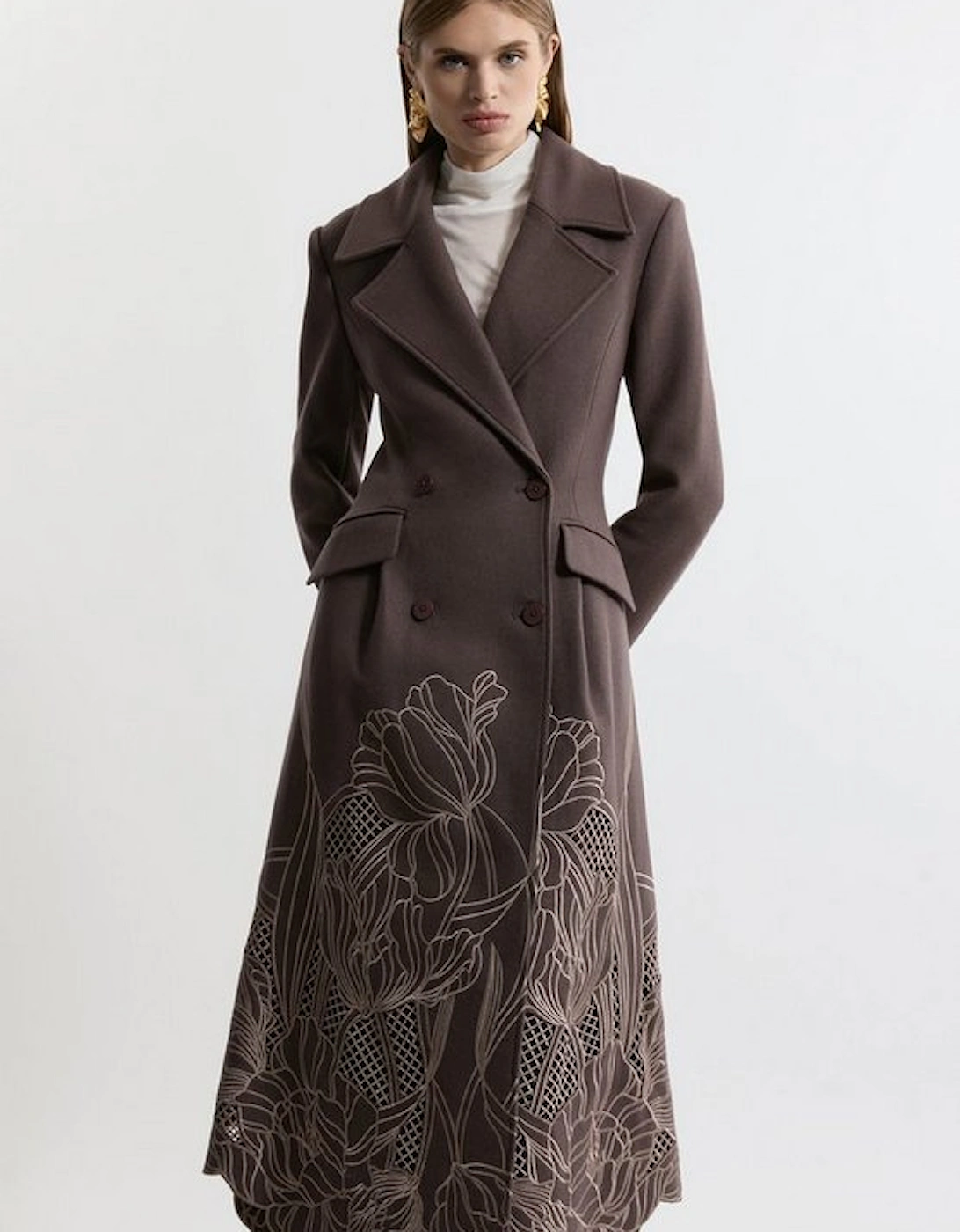 Lydia Millen Wool Blend Floral Cutwork Flared Skirt Midaxi Coat