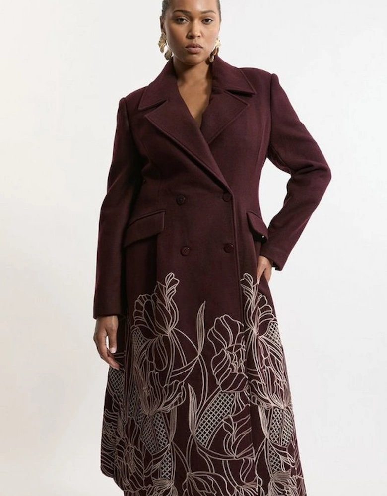 Lydia Millen Plus Size Wool Blend Floral Cutwork Flared Skirt Midaxi Coat