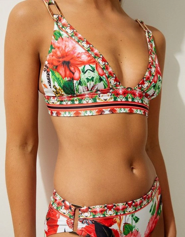 Mirror Floral Print Trim Detail Bikini Top