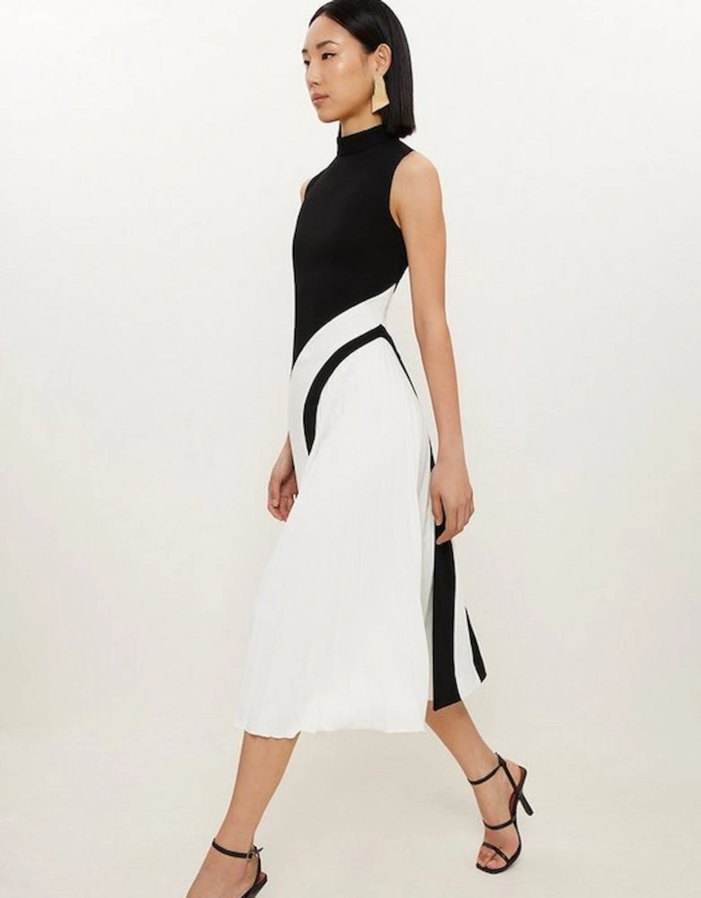 Petite Fluid Tailored Colourblock High Neck Pleated Midi Dress