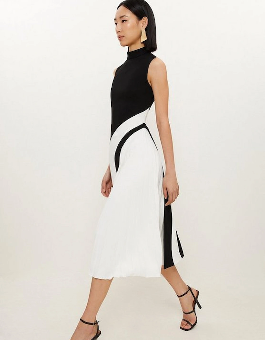 Petite Fluid Tailored Colourblock High Neck Pleated Midi Dress