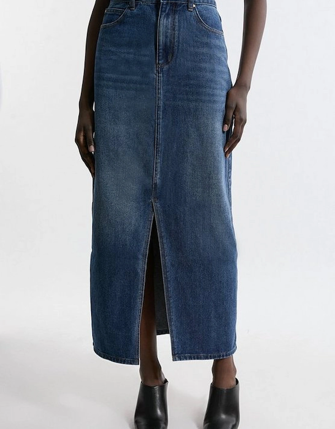 Petite Washed Denim Tailored Maxi Skirt