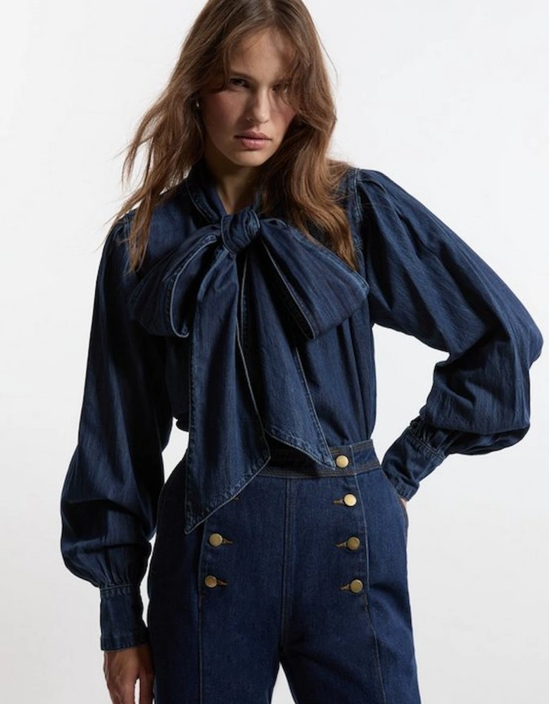 Denim Pussybow Denim Blouse