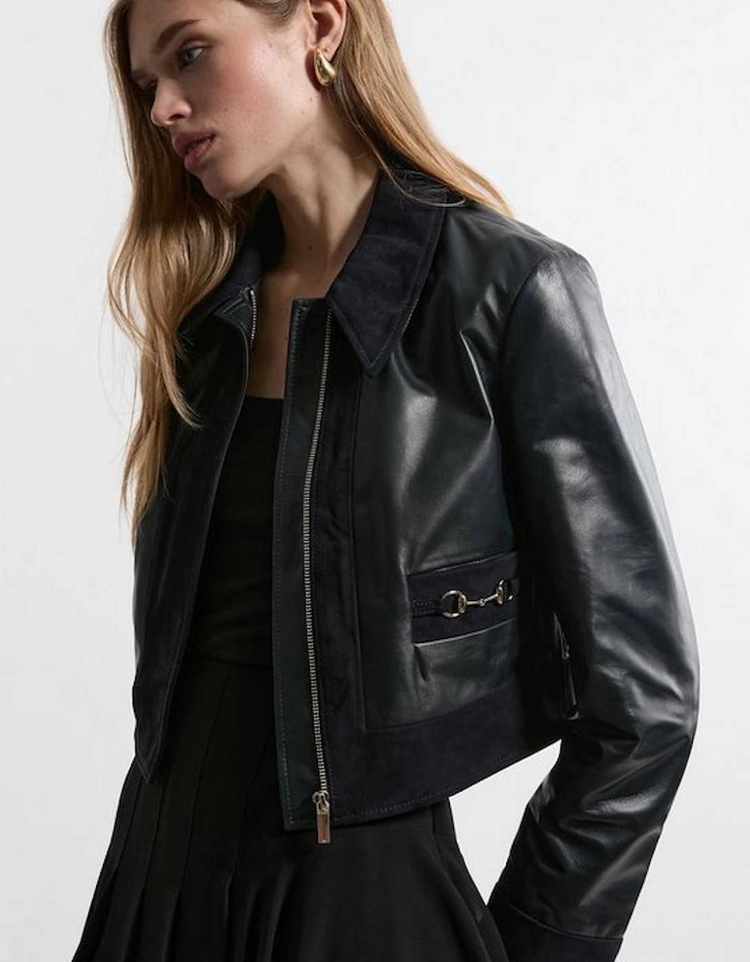 Leather & Suede Mix Snaffle Trim Tailored Jacket