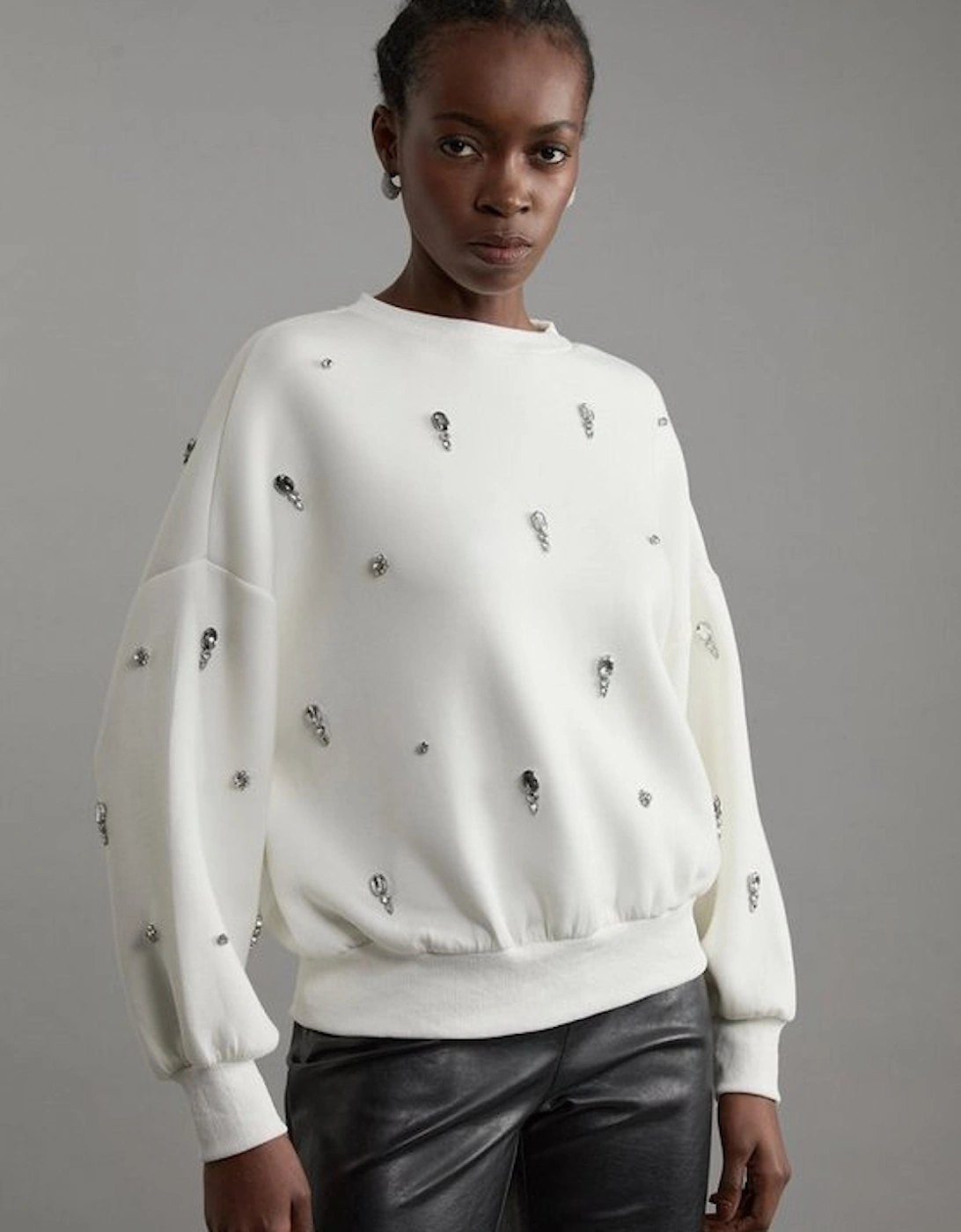 Embellished Balloon Sleeve Scuba Sweatshirt, 5 of 4