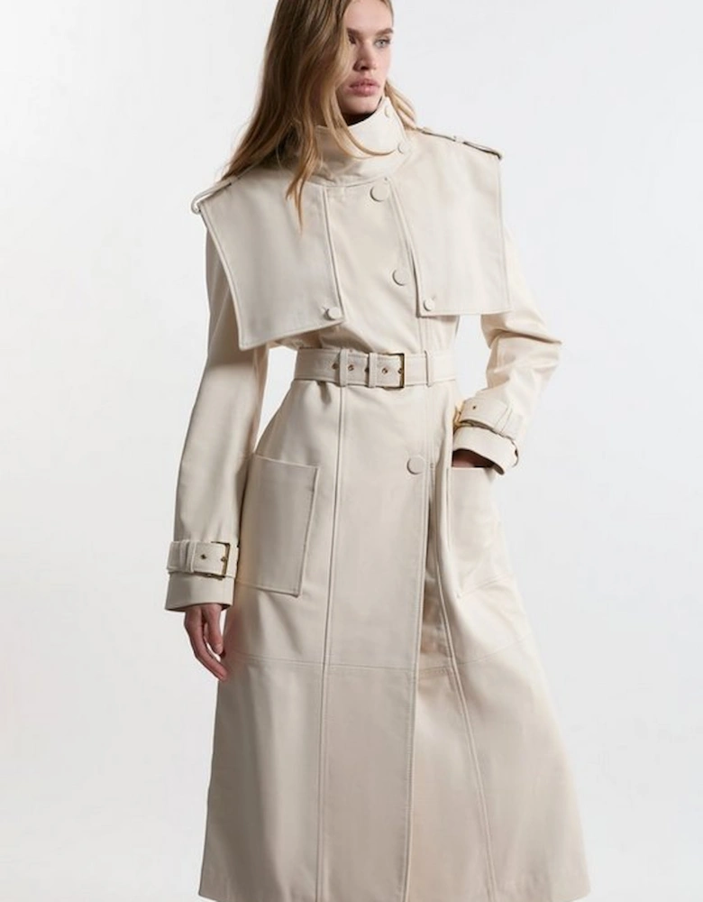 Leather Strong Shoulder Belted Trench Coat