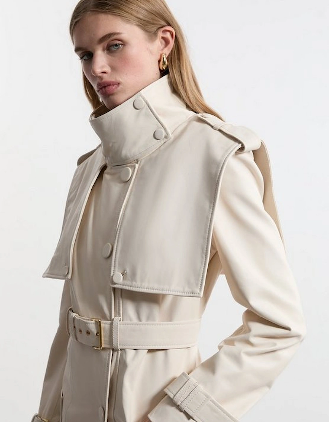 Leather Strong Shoulder Belted Trench Coat