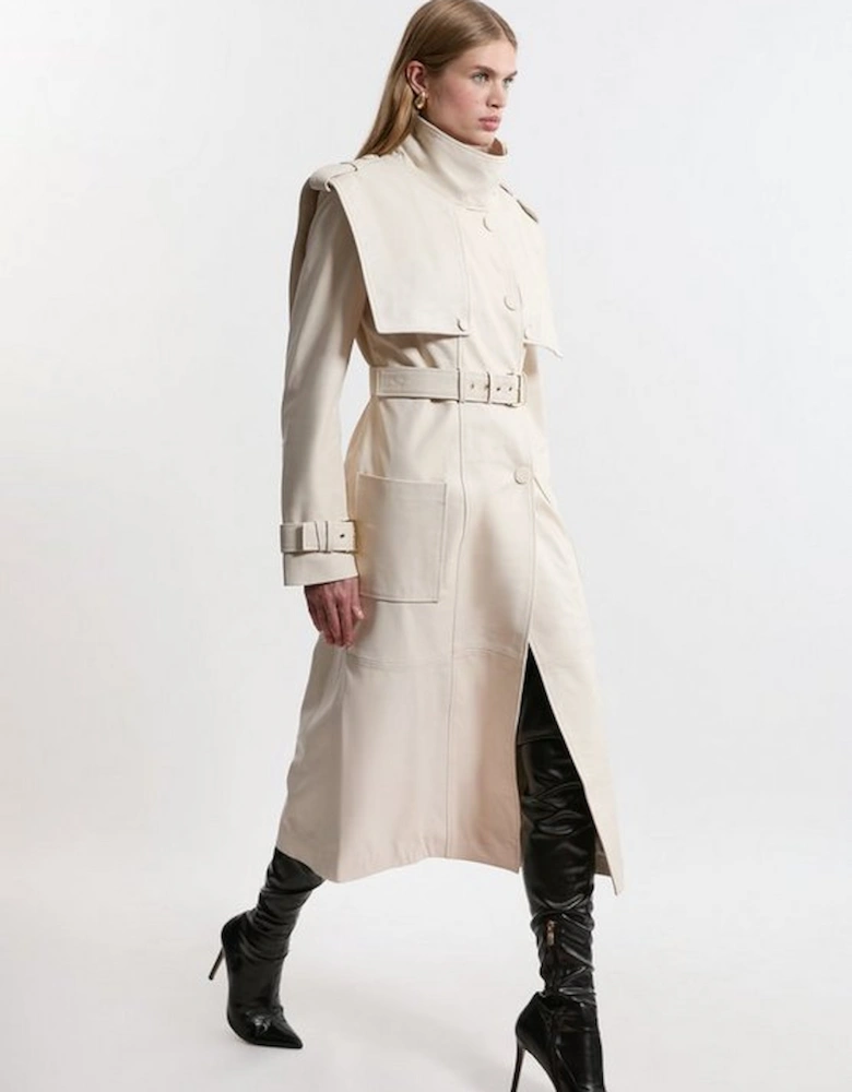 Leather Strong Shoulder Belted Trench Coat