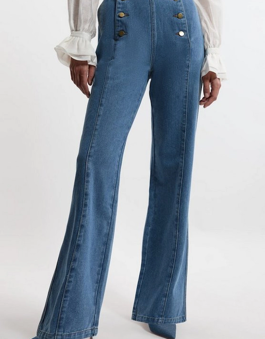 Denim Tailored Button Front Straight Leg Jeans