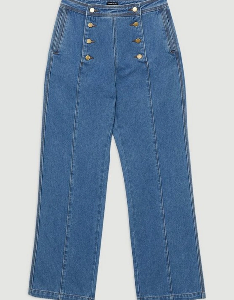 Denim Tailored Button Front Straight Leg Jeans