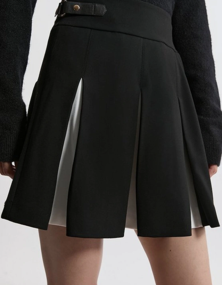 Compact Stretch Colour Block Pleated Tailored Mini Skirt