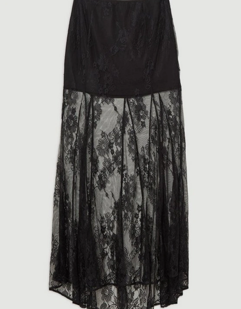 Sheer Lace Godet Woven Maxi Skirt