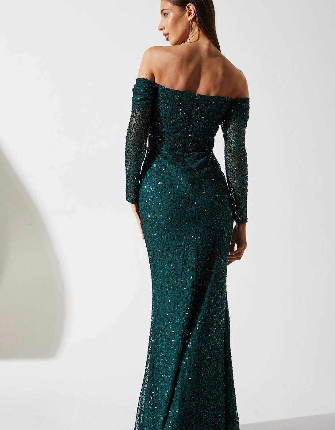 Draped Bardot Sequin Long Sleeve Maxi Dress