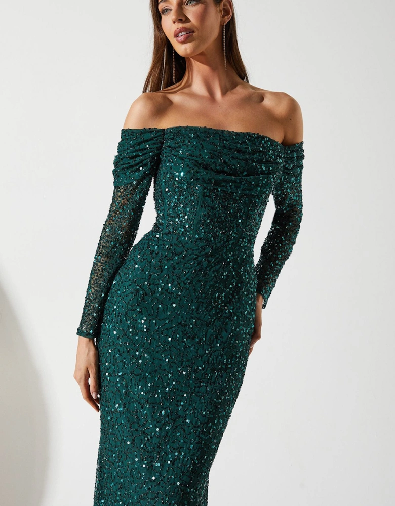 Draped Bardot Sequin Long Sleeve Maxi Dress