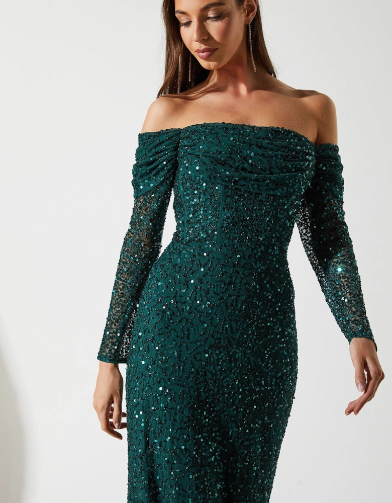 Draped Bardot Sequin Long Sleeve Maxi Dress