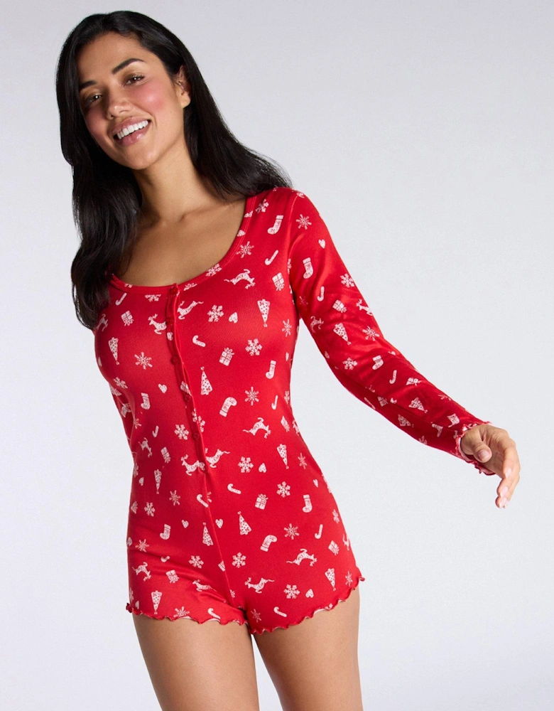 Soft Touch Xmas Pj Playsuit - Red