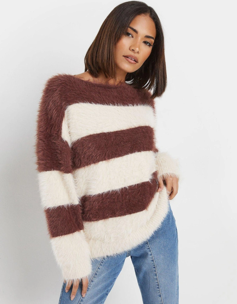 Petite Stripe Feather Slash Neck Jumper - Brown