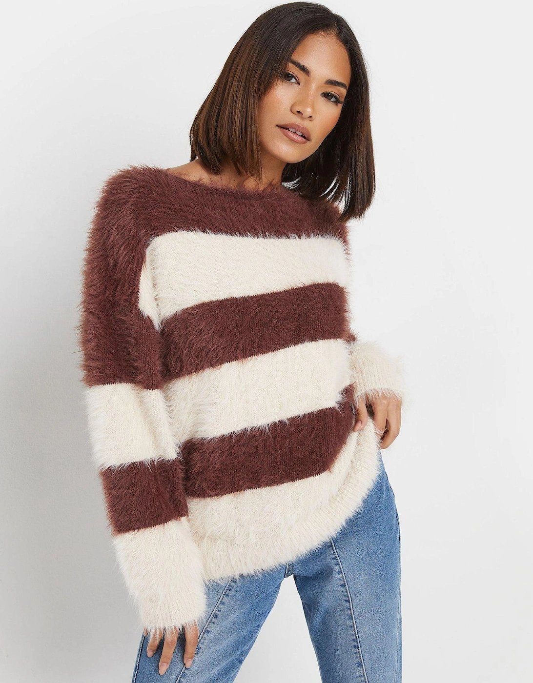 Petite Stripe Feather Slash Neck Jumper - Brown, 2 of 1