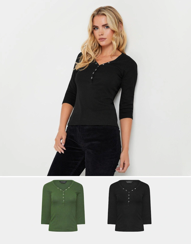 Petite 2 Pack Henley Top - Black