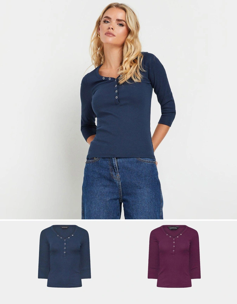 Petite 2 Pack ¾ Sleeve Henley Top - Blue