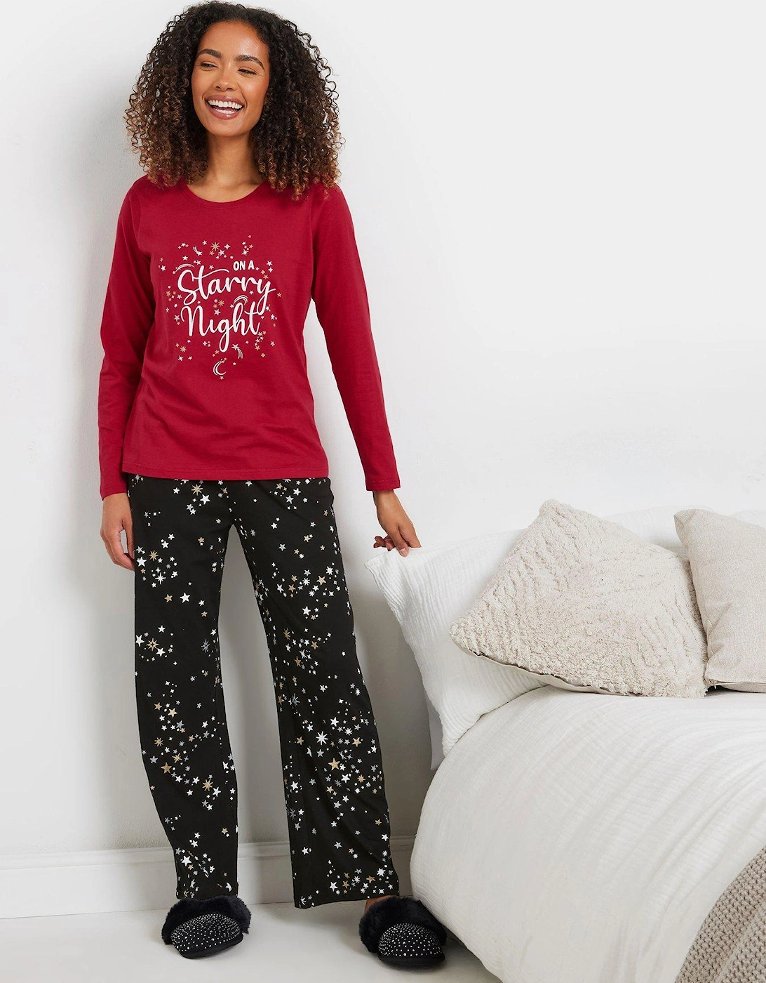 Starry Night Long Sleeve Wide Leg Pj Set - Red, 2 of 1