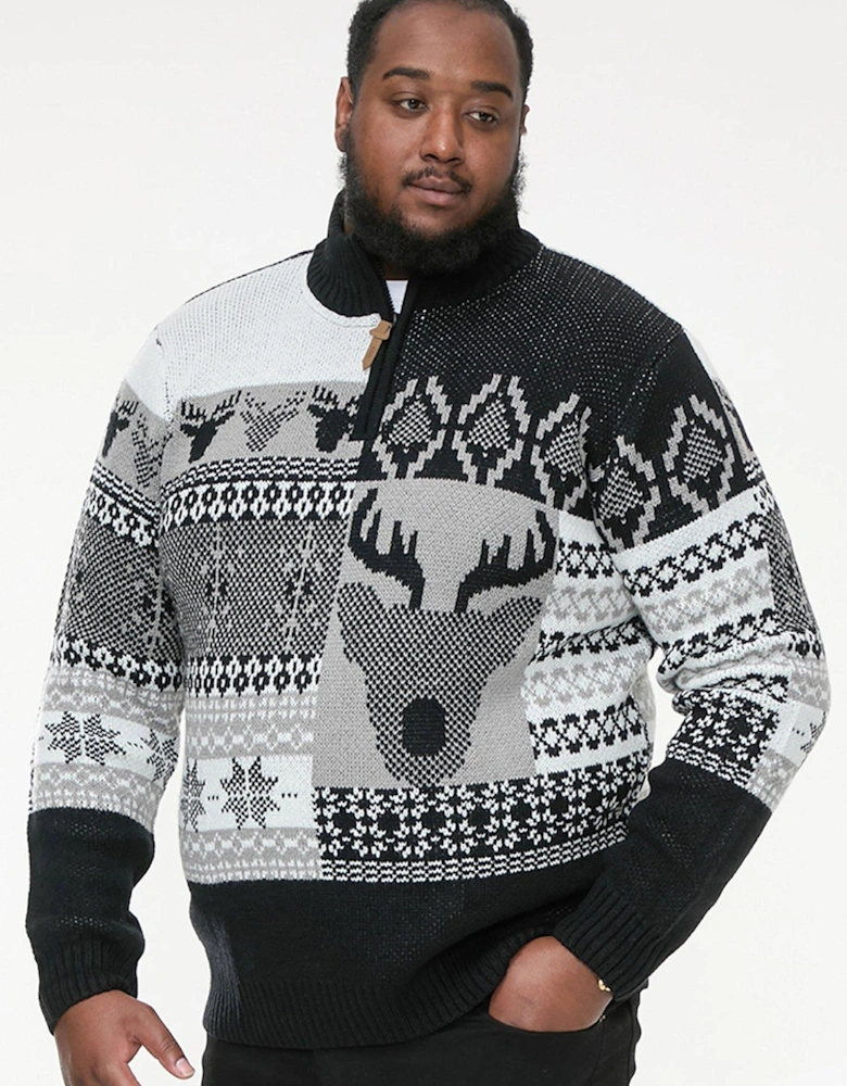 Icicle 1/4 Zip Knitted Christmas Jumper With Stag - Black