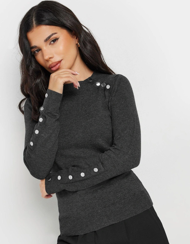 Petite Button Cuff Neck Jumper - Grey