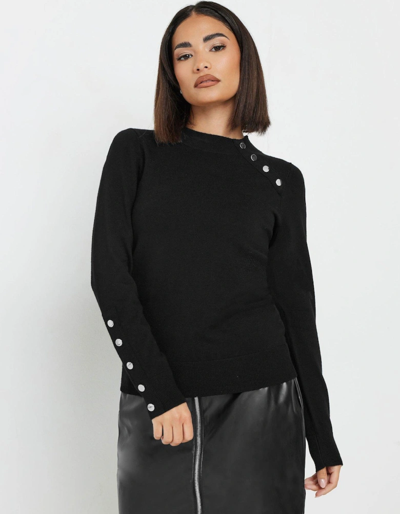 Petite Button Cuff Neck Jumper - Black