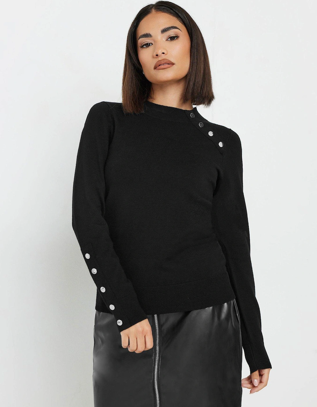 Petite Button Cuff Neck Jumper - Black, 2 of 1