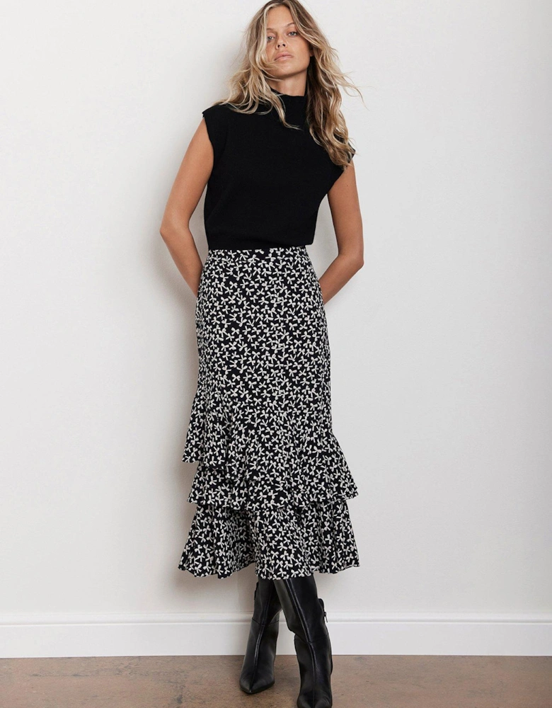 Bow Print Ruffle Midi Skirt - Black