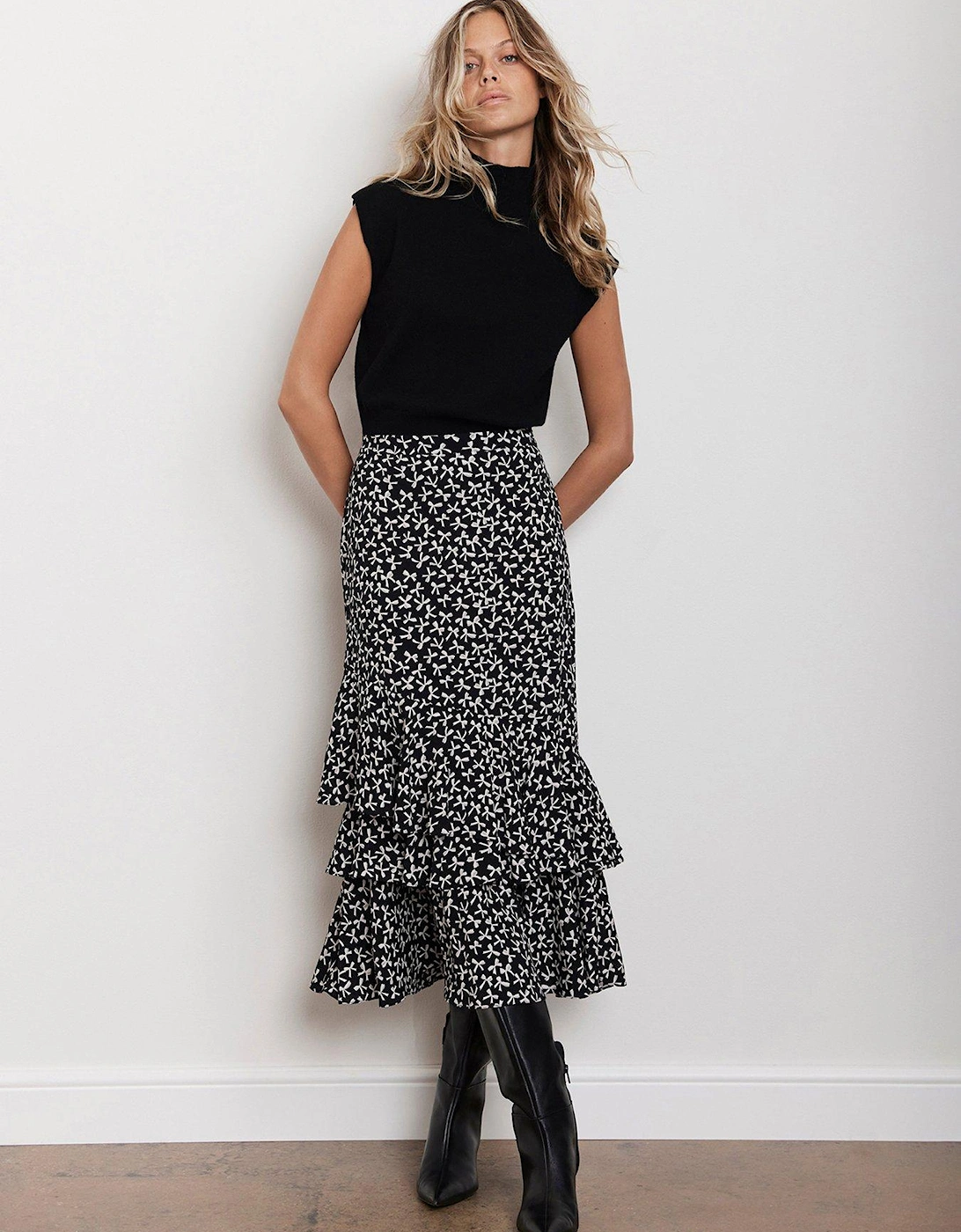 Bow Print Ruffle Midi Skirt - Black, 2 of 1