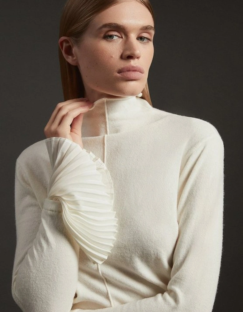 Wool and Alpaca Blend Knit Top With Pleated Silk Woven Cuffs