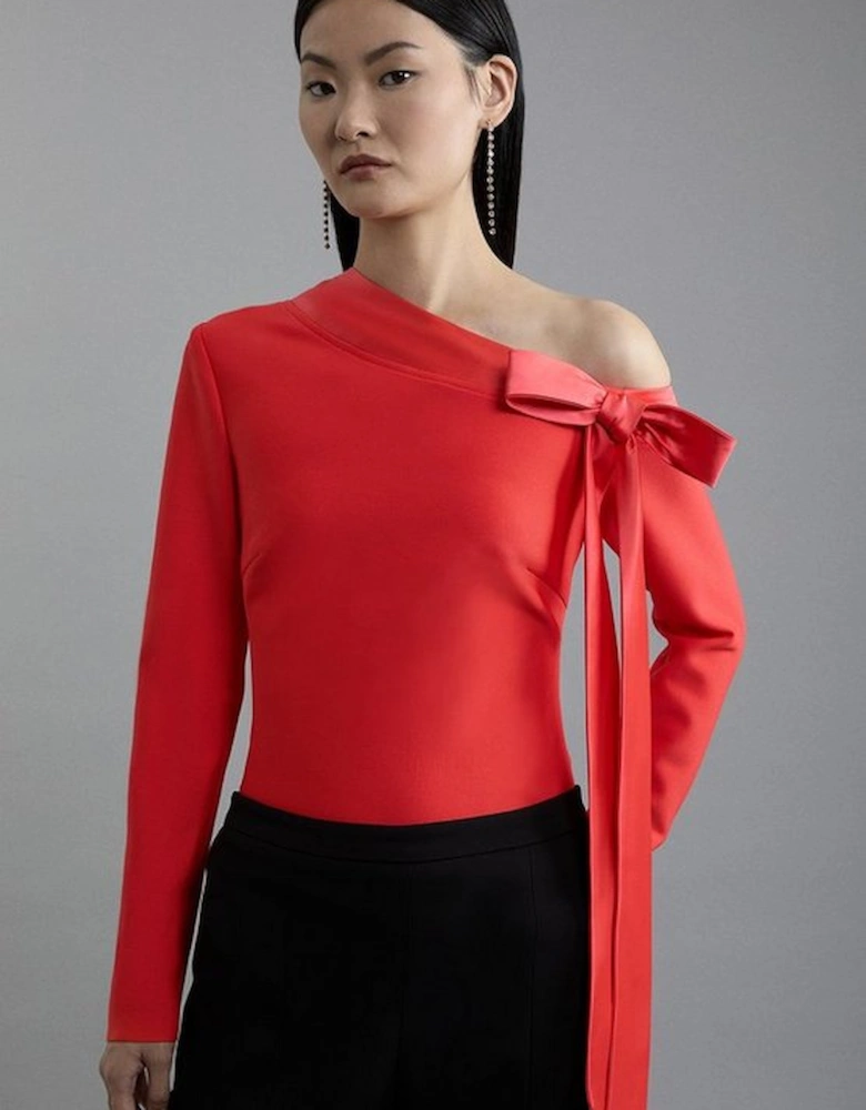 Figure Form Bandage Knit Bow Detail Asymmetric Top