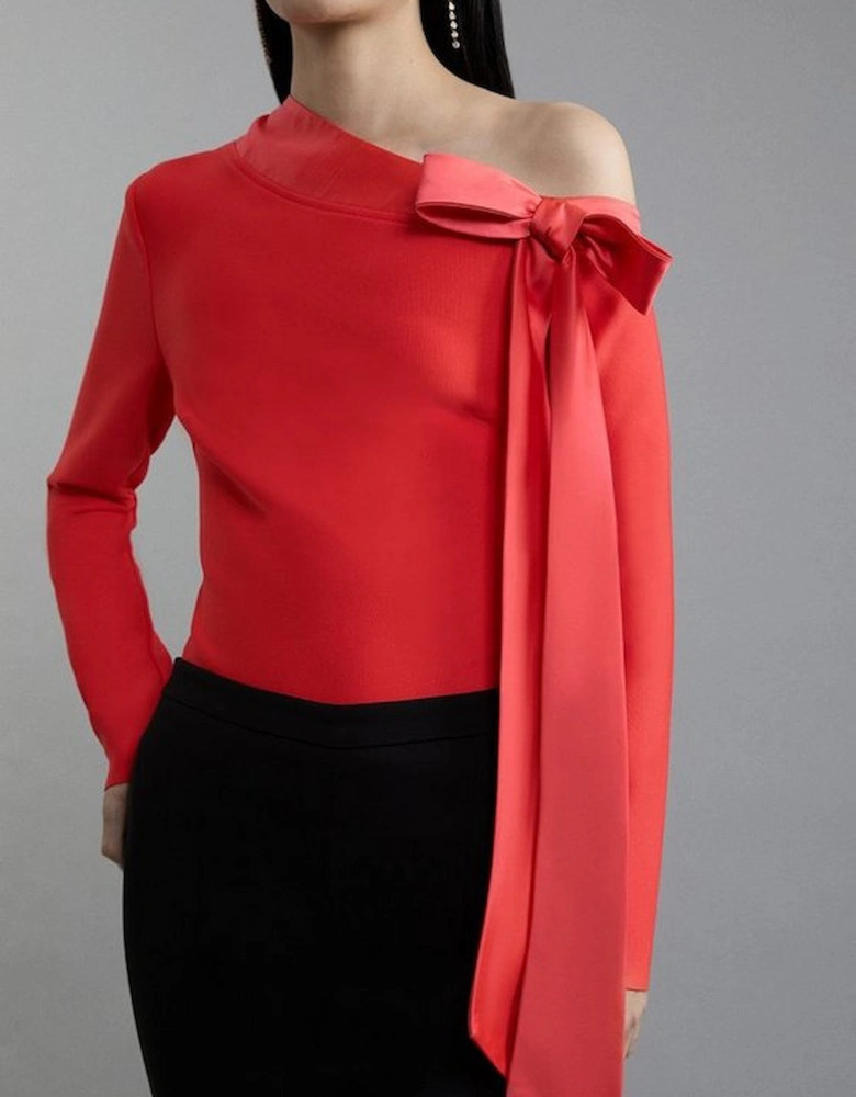 Figure Form Bandage Knit Bow Detail Asymmetric Top