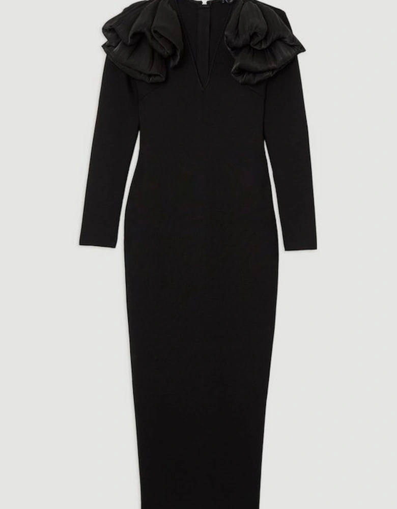 Figure Form Bandage Knit Silk Ruffle Shoulder Detail Maxi Dress