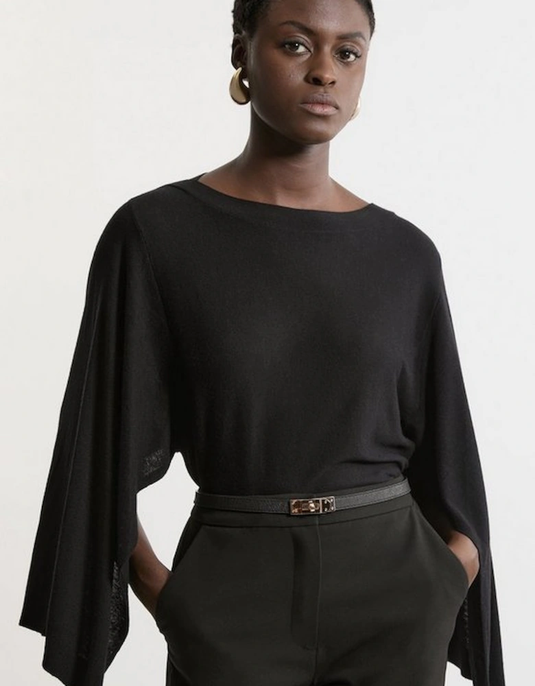 Cashmere Blend Drama Sleeve Slash Neck Knit Top