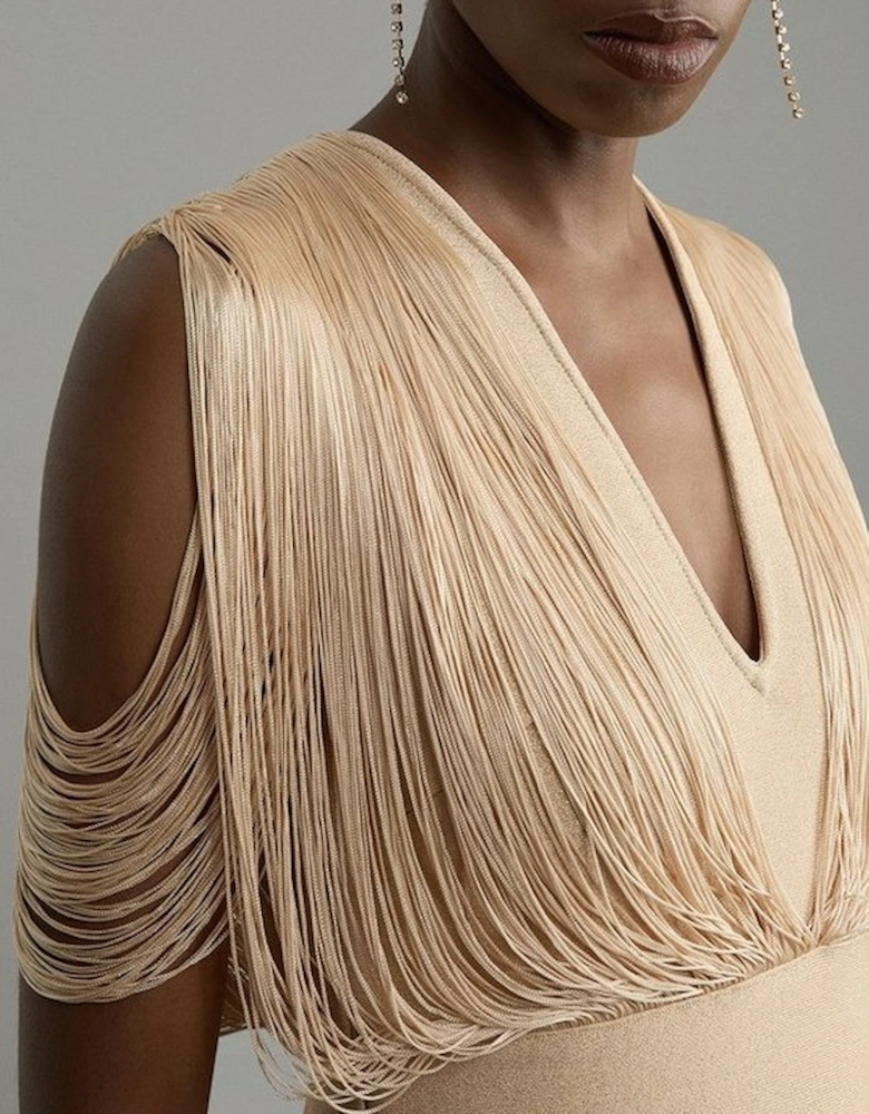 Figure Form Bandage Knit Fringe Detail Top