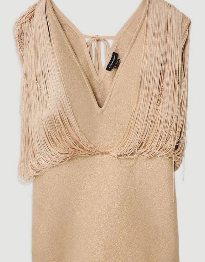 Figure Form Bandage Knit Fringe Detail Top