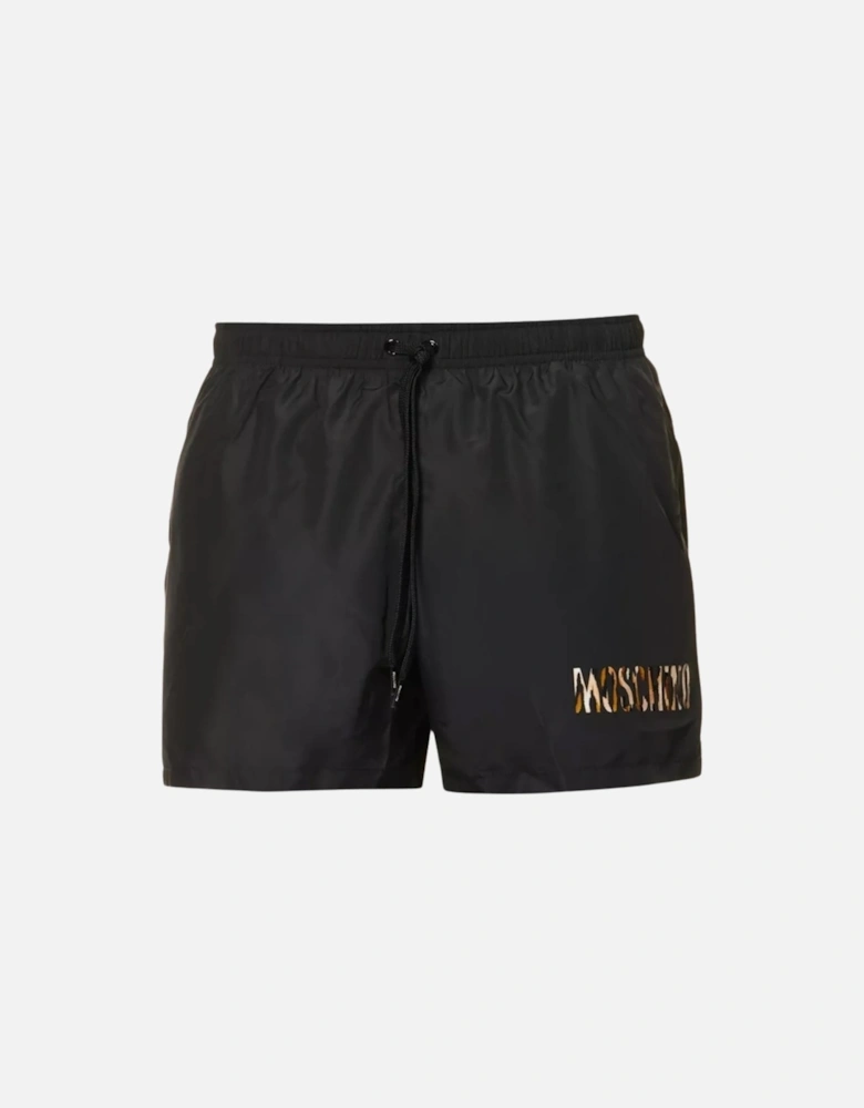 Small Leopard Print Logo Black Short Swim Shorts