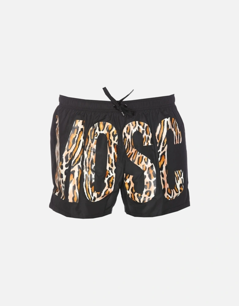 Leopard Print Logo Black Short Swim Shorts