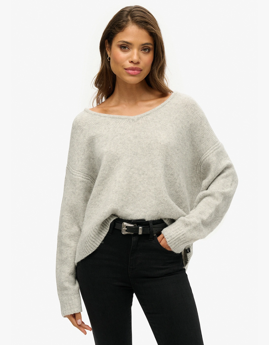 Women's Oversized V Neck Jumper Light Grey Twist, 5 of 4