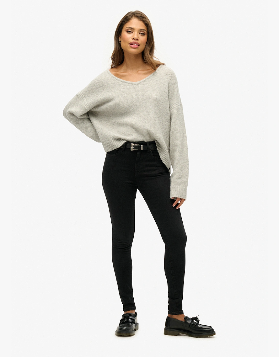 Women's Oversized V Neck Jumper Light Grey Twist