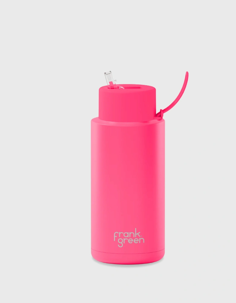 34oz Stainless Steel Ceramic Reusable Bottle with Gold Straw Lid and Strap Neon Pink