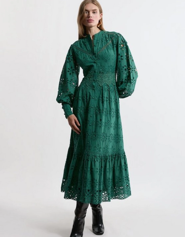 Broderie Woven Midi Shirt Dress With Guipure Trim