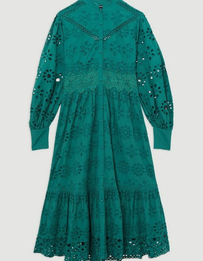 Broderie Woven Midi Shirt Dress With Guipure Trim