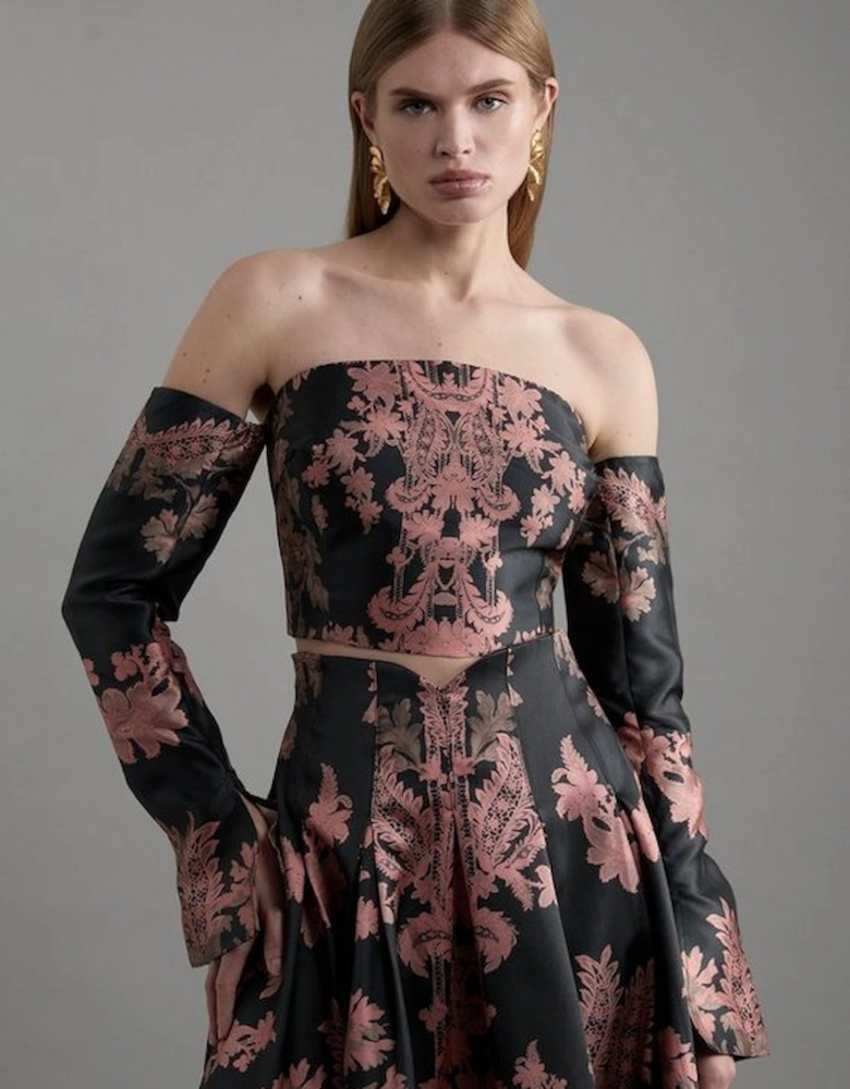 Jacquard Woven Floral Off The Shoulder Top