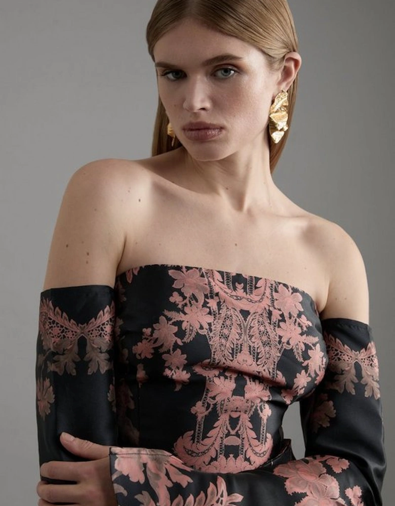 Jacquard Woven Floral Off The Shoulder Top