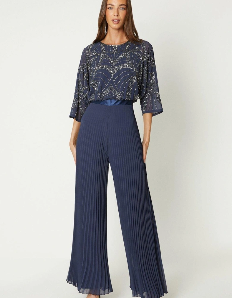 Embellished Cape Sleeve Pleat Jumpsuit